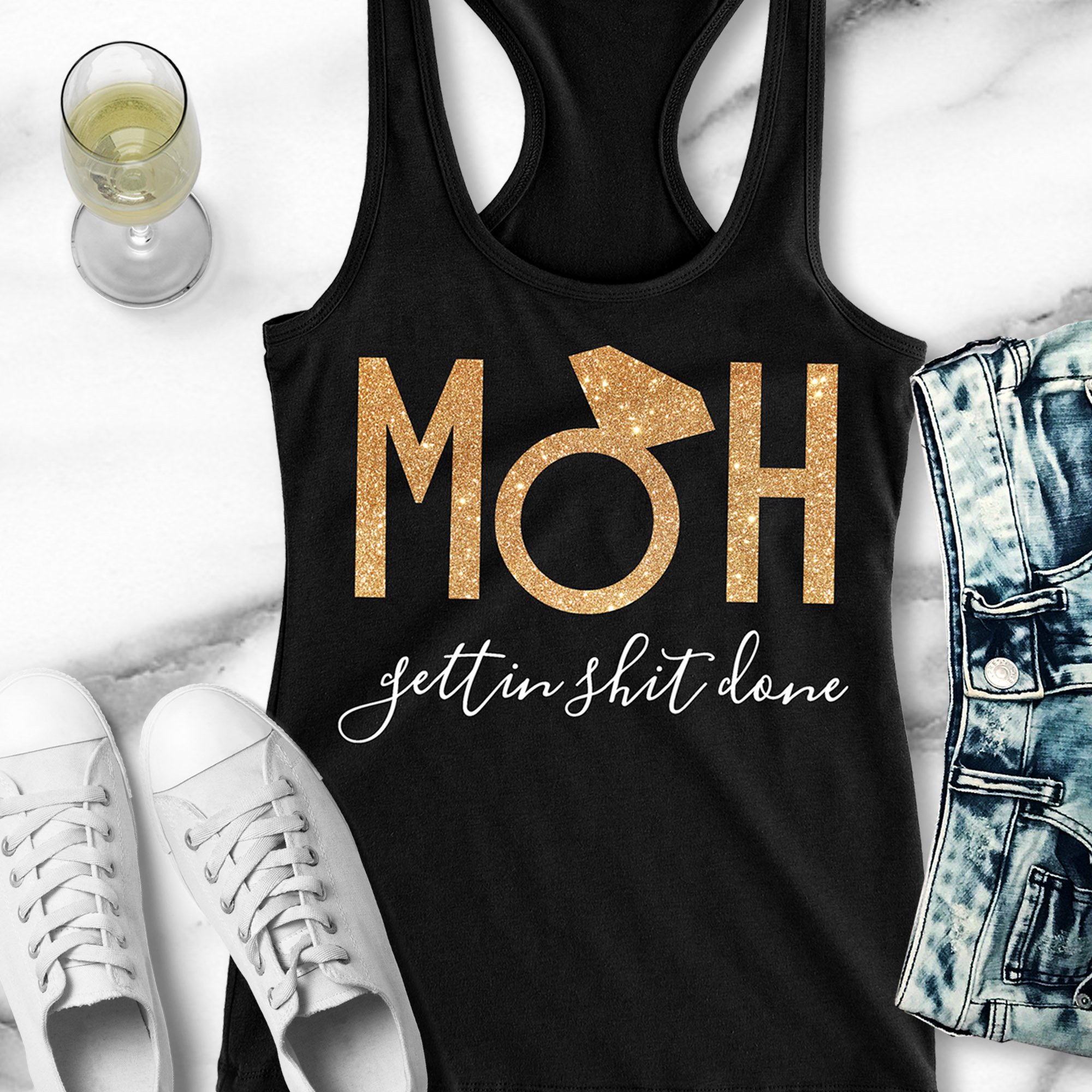 MOH Maid of Honor Getting Shit Done Gold Tank Top in Black, Blush, and Navy Blue colors, displayed on a mannequin.